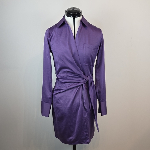 Icône par Simons Purple Wrap Shirt Dress Long Sleeve Tie Waist XS - Picture 1 of 10